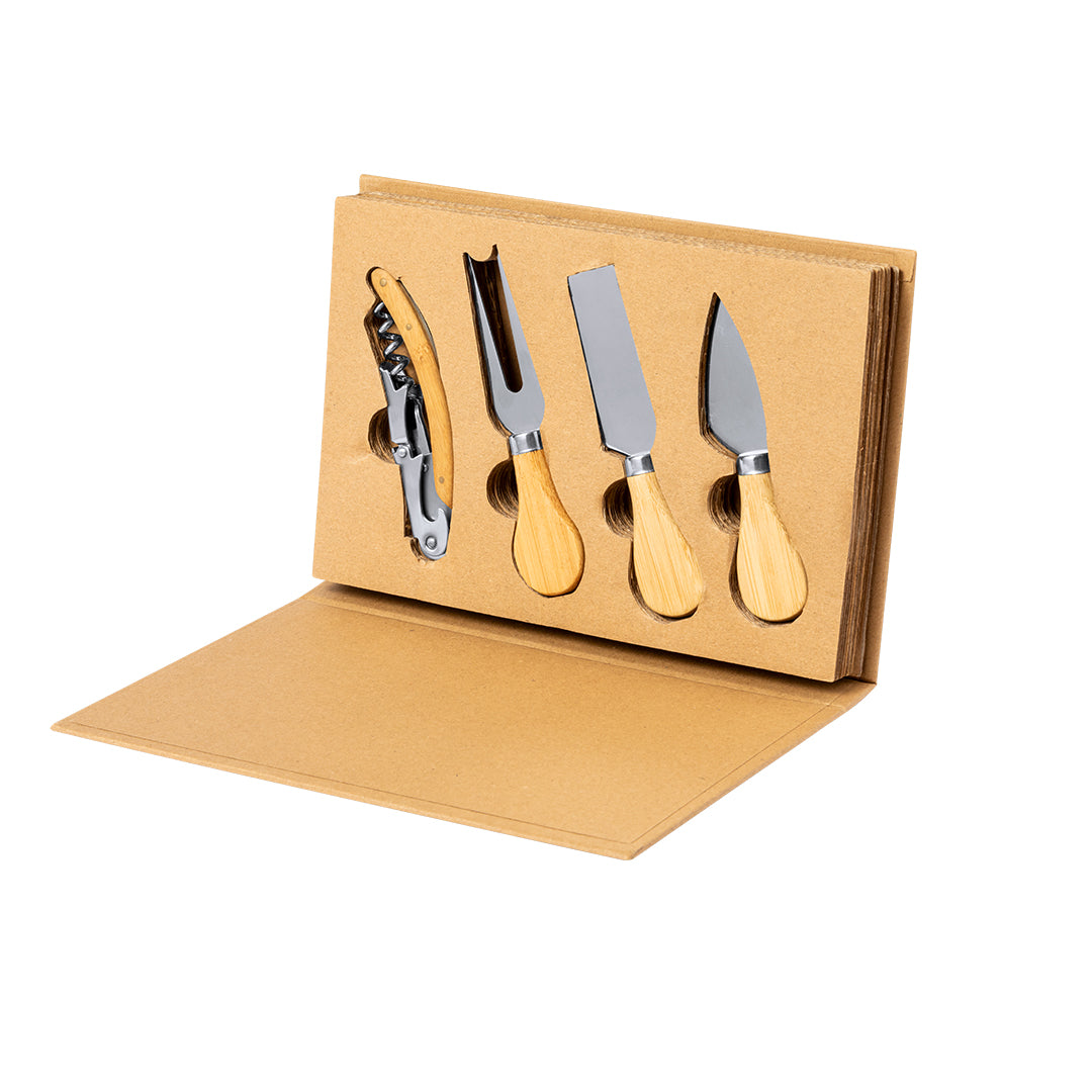 Set Queijos e Vinho Bambu + Aço Inox | 4 Acessórios + Abre-Cápsulas | Presente Premium