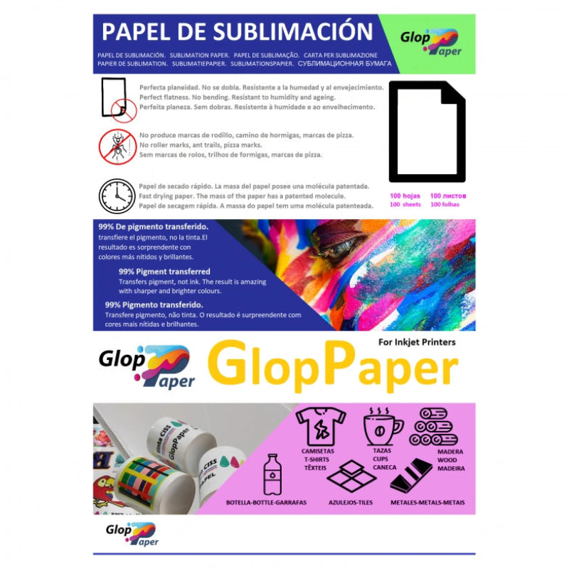 Papel Sublimación GlopPaper A4 - Resma 100 Hojas Secado Rápido