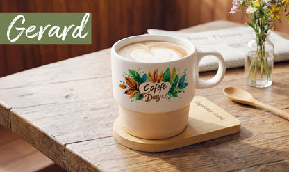 Caneca Sublimação Empilhável Gerard 315ml | Cerâmica + Base Bambu | Mín. 10 Un.