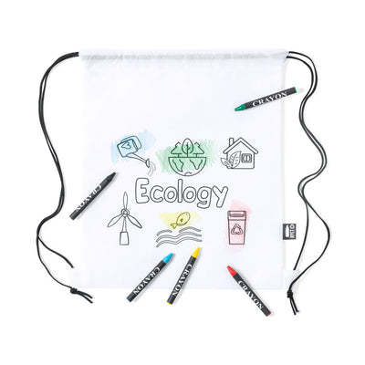 Mochila de Cuerdas Colorear Balard | Non-Woven RPET Blanco 5 Ceras | Regalo Infantil Creativo Eco