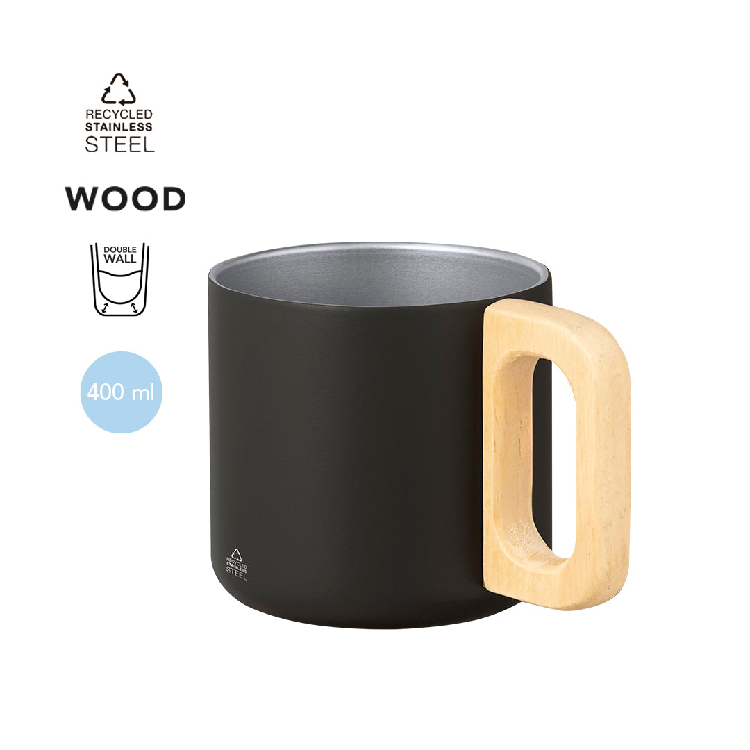 Taza de Acero Inoxidable Reciclado Garfun 400ml - Asa de Madera Caja Kraft