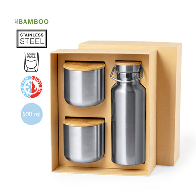 Set Térmico Aço Inox + Bambu Dickinson | Garrafa 500ml + 2 Copos 300ml Tampa Bambu Caixa Kraft | Brinde Premium