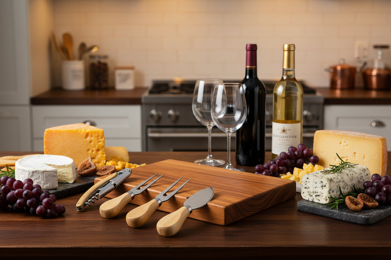 Set de Quesos y Vino Bambú + Acero Inoxidable | 4 Accesorios + Abrecápsulas | Regalo Premium