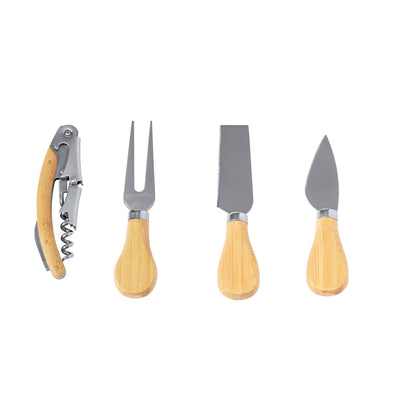 Set de Quesos y Vino Bambú + Acero Inoxidable | 4 Accesorios + Abrecápsulas | Regalo Premium