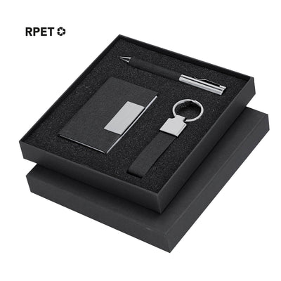 Set Ejecutivo RPET Fraxen | Tarjetero + Bolígrafo + Llavero Estuche Negro Premium | Regalo Eco VIP