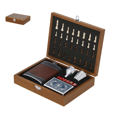Set Frasco Madeira Menzie | Flask 220ml + Copo Shot + Cartas + Dados + Xadrez 32 Peças | Presente Exclusivo